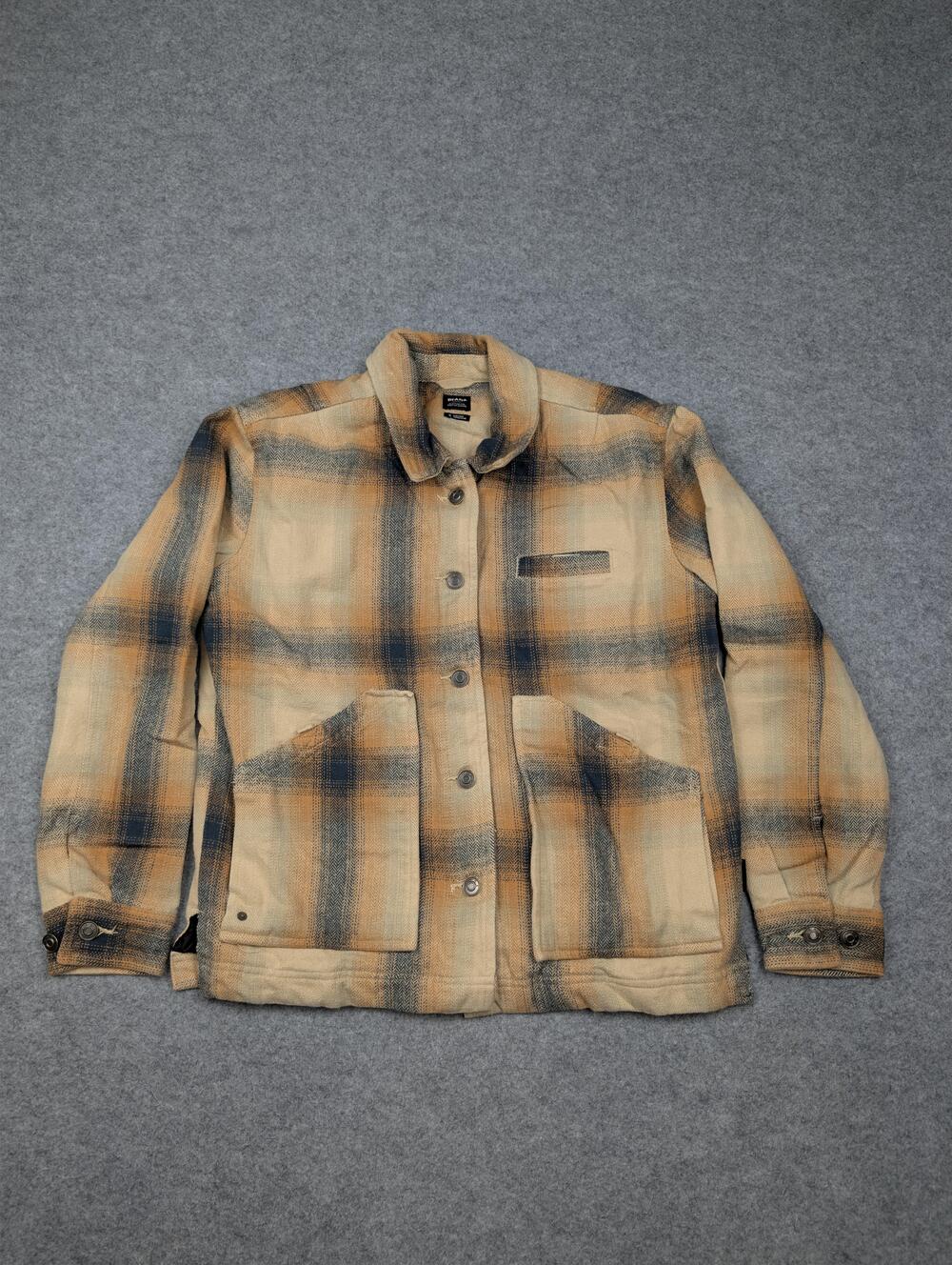 PrAna Jacket Mens Small Beige Plaid Organic Cotton Quilted Flannel Lined Outdoor